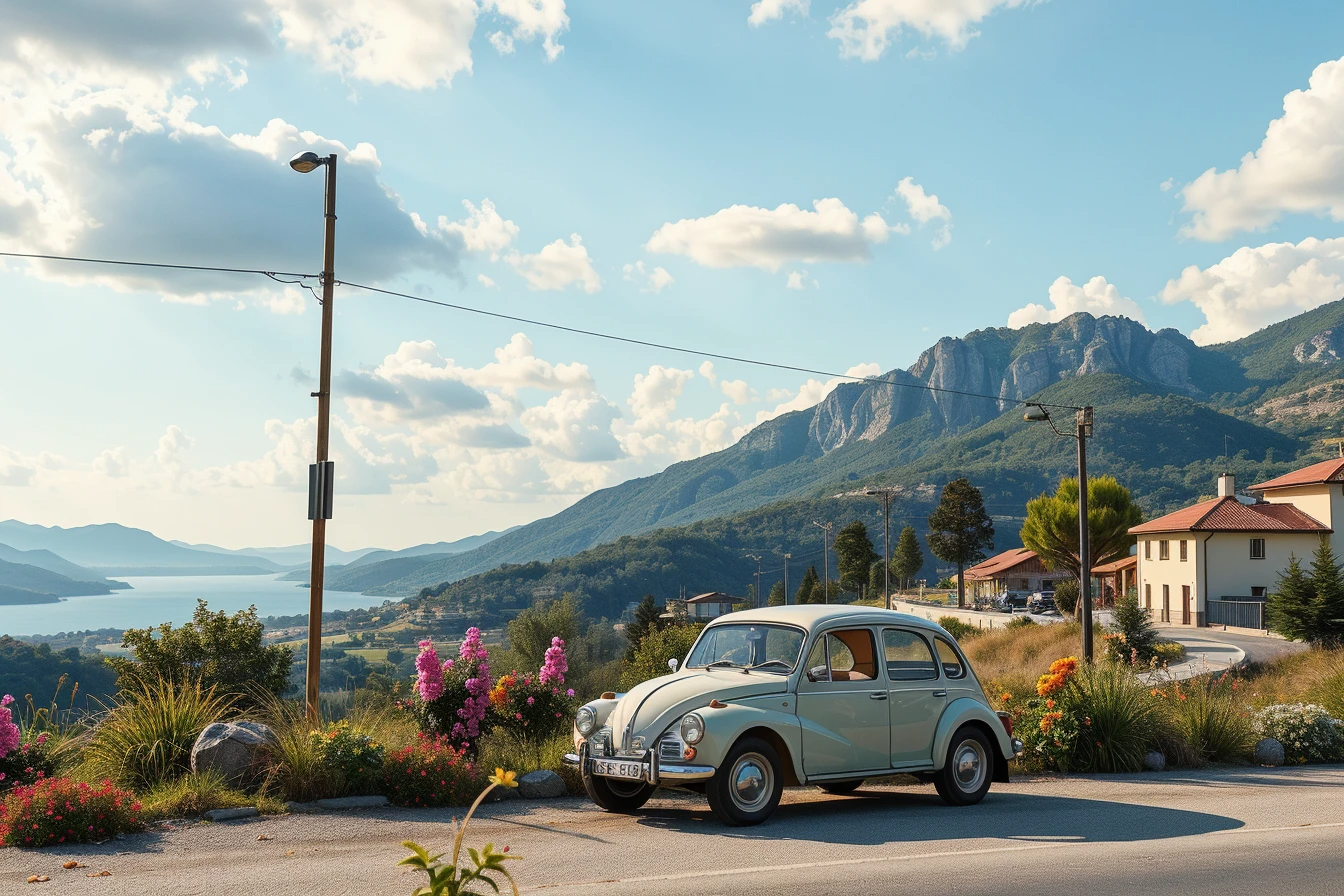 Vintage car in mountain landscape